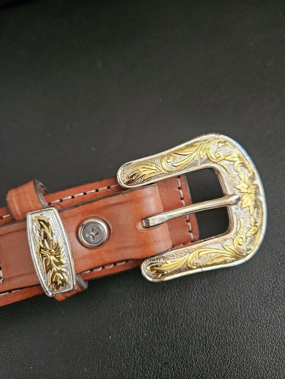 Black Hills Leather Mens Brown Western Leather  Ornate Buckle Belt Size 42X